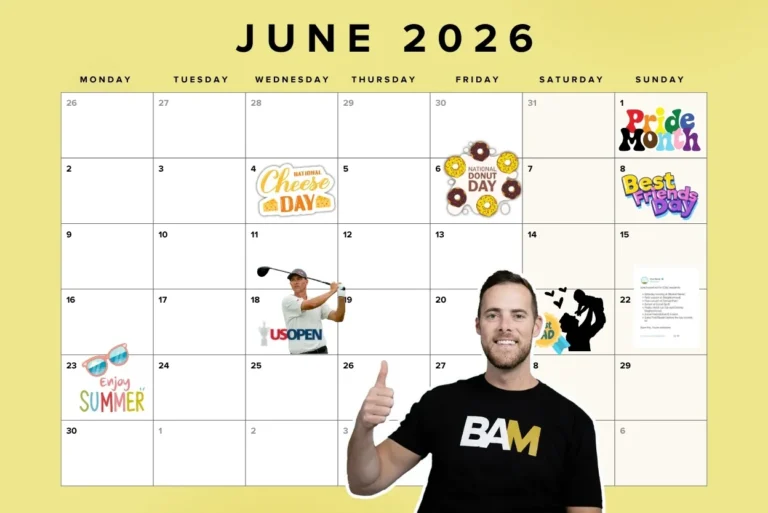 June 2026 calendar on a yellow background with event icons (Pride Month, Cheese Day, Donut Day, Best Friends Day) and a person in a BAM shirt in front.