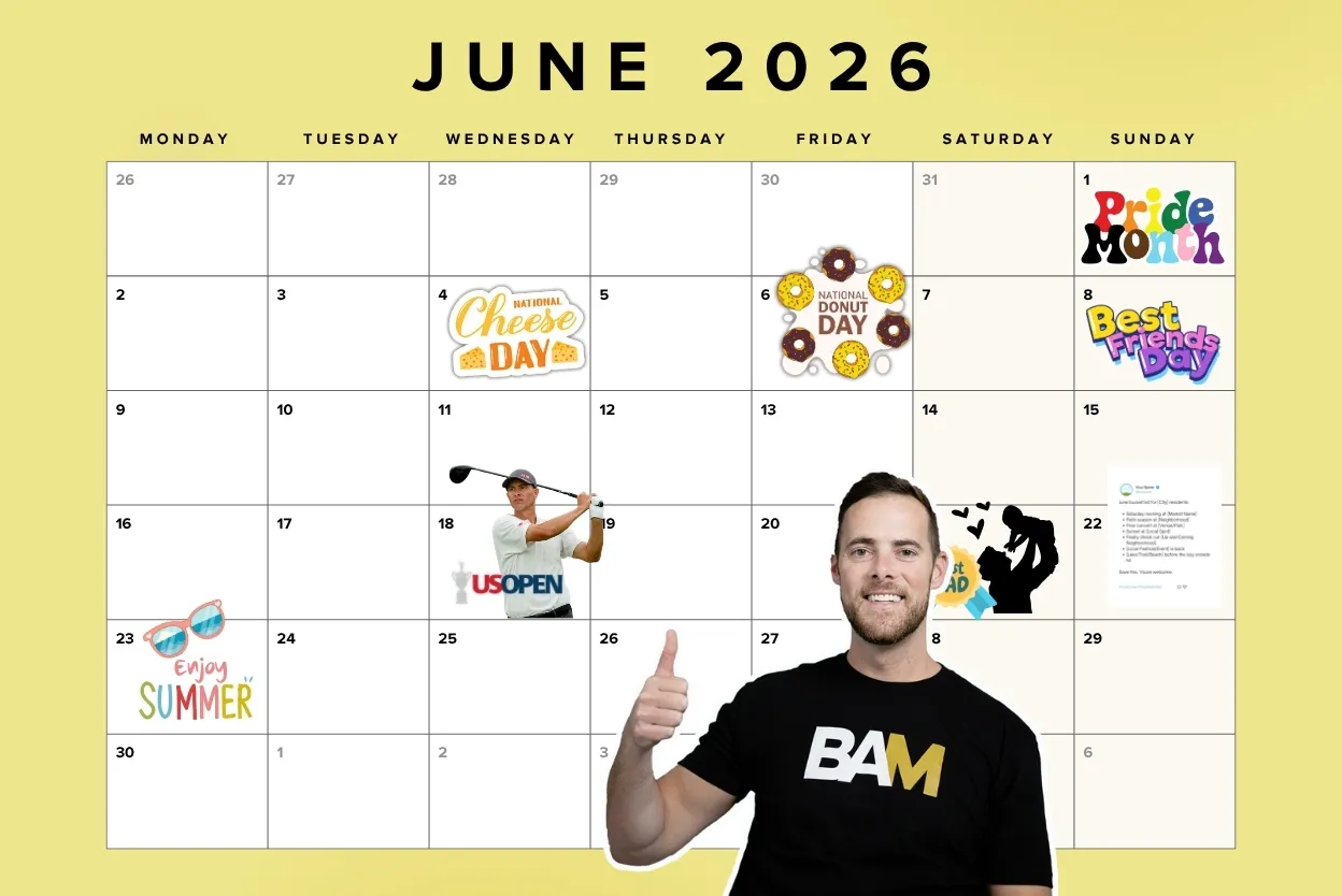 June 2026 calendar on a yellow background with event icons (Pride Month, Cheese Day, Donut Day, Best Friends Day) and a person in a BAM shirt in front.