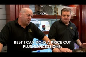 Two men in black polo shirts stand behind a glass display counter; a bold caption reads, 'Best I can do is a price cut plus concessions.'