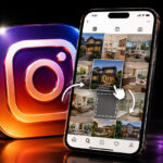 New Instagram Feature Lets You Reorder Your Grid. Here’s What Agents Should Fix First. - BAM - BAM Phone screen showing an Instagram grid of interior photos with a hand cursor dragging a tile beside a large glowing Instagram logo in the background.