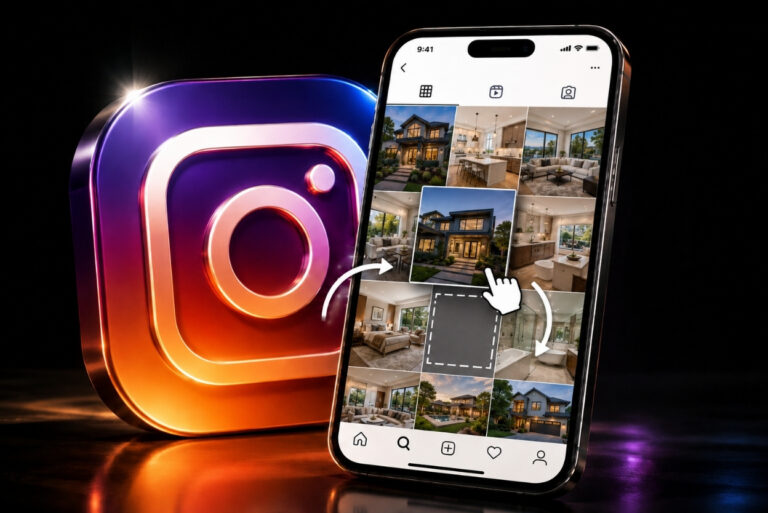 Phone screen showing an Instagram grid of interior photos with a hand cursor dragging a tile beside a large glowing Instagram logo in the background.