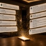 Real Estate Agents Share the Most Unhinged Behavior They've Ever Seen on the Job - BAM - BAM Smartphone on a wooden table emits glowing speech bubbles containing real estate agent profiles, floating in a dark room.