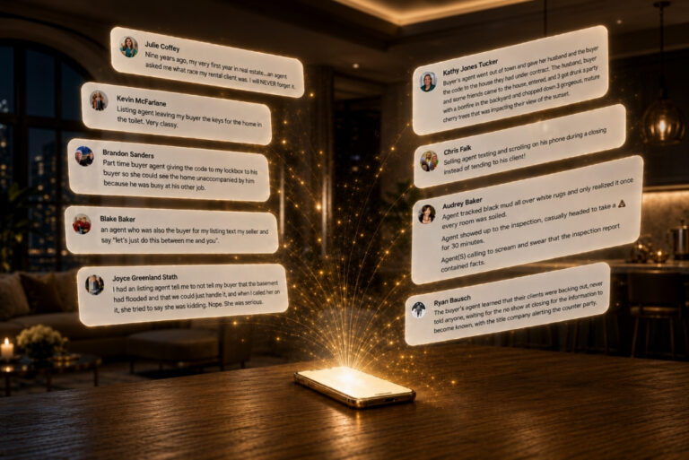Smartphone on a wooden table emits glowing speech bubbles containing real estate agent profiles, floating in a dark room.