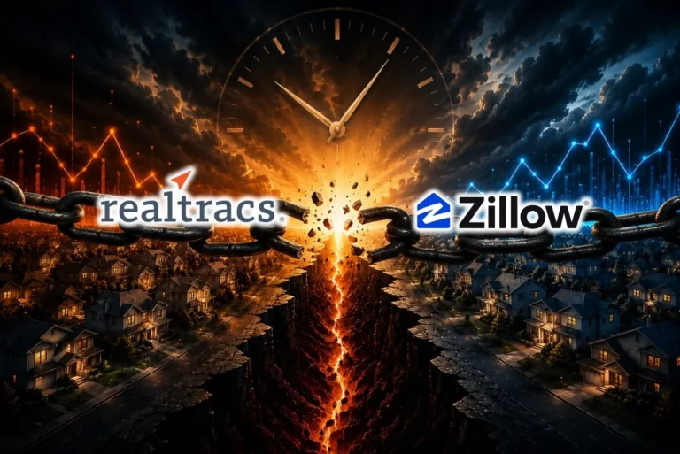 Realtracs and Zillow logos split by a broken chain amid a fiery fissure and clock, symbolizing a data/market split in real estate.