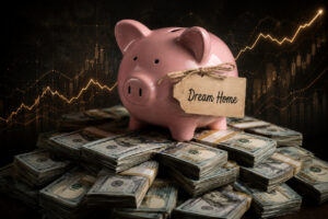 Pink piggy bank perched on stacked cash with a tag reading 'Dream Home' to symbolize saving for a home purchase or goal finances.