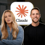 Two hosts sit side by side in an office, with a white rounded sign showing an orange starburst and the word Claude behind them (brand banner).