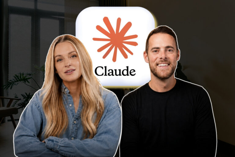 Two hosts sit side by side in an office, with a white rounded sign showing an orange starburst and the word Claude behind them (brand banner).