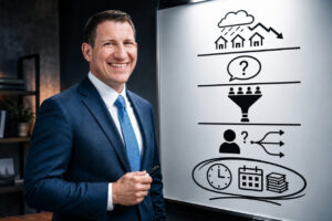 Smiling businessman in a blue suit stands next to a whiteboard with a multi-step diagram of planning icons.