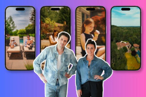 The Cinematic Listing Video Framework Agents Should Be Studying Right Now - BAM Four smartphones lined up on a purple-pink gradient background display diverse travel photos, with a man and woman in denim posing in front.