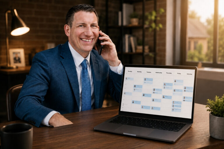 Businessman in a blue suit smiles while talking on his phone, seated at a desk with a calendar-open laptop displaying a weekly schedule.
