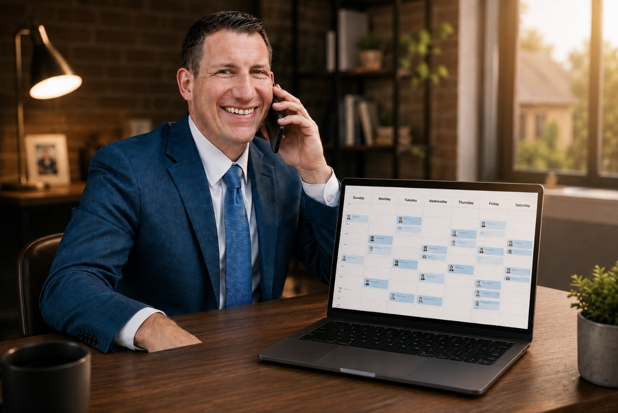 Businessman in a blue suit smiles while talking on his phone, seated at a desk with a calendar-open laptop displaying a weekly schedule.