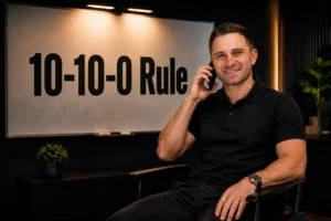 Smiling man in a black polo sits in a dark office, talking on a cellphone, with a whiteboard reading '10-10-0 Rule' behind him.