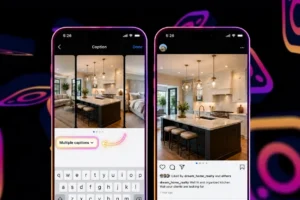 Two iPhones displaying a modern kitchen photo: left shows caption editing, right shows the feed.