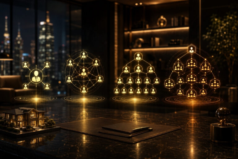 Glowing golden holographic network of people icons over a dark conference table, symbolizing business networks and collaboration at night.