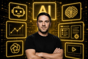 Man in a black shirt with arms crossed, surrounded by glowing neon AI icons (AI text, brain, chart, robot, video, settings).