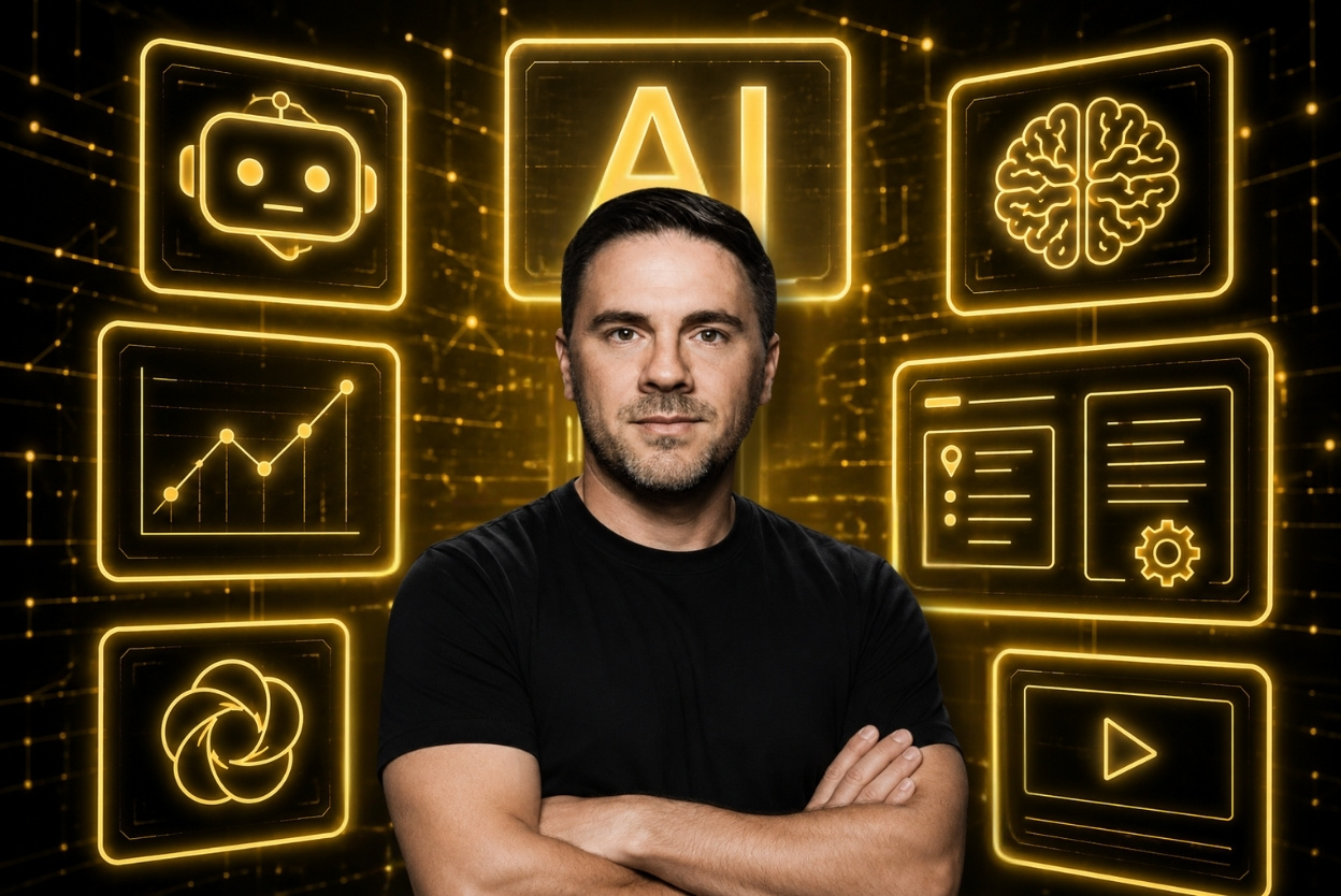 Man in a black shirt with arms crossed, surrounded by glowing neon AI icons (AI text, brain, chart, robot, video, settings).