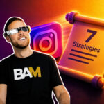 Smiling man with a futuristic visor beside a neon Instagram logo and a parchment reading '7 Strategies' for social media tips.