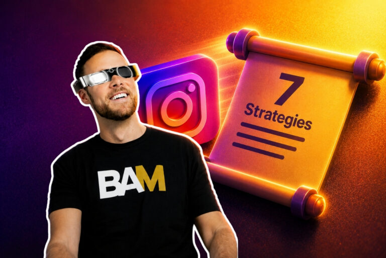 Smiling man with a futuristic visor beside a neon Instagram logo and a parchment reading '7 Strategies' for social media tips.