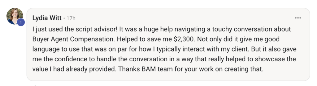 Testimonial post by Lydia Witt praising Script Advisor for saving 