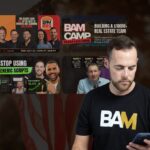 Man in a BAM T-shirt looking at his phone with a collage of BAM marketing thumbnails in the background.