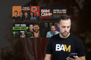 Man in a BAM T-shirt looking at his phone with a collage of BAM marketing thumbnails in the background.