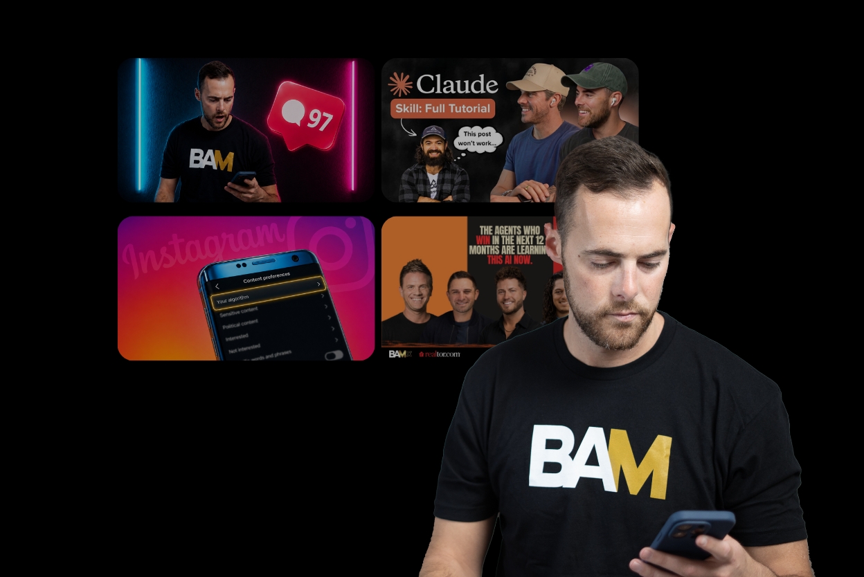 Front-facing man in a BAM shirt looks at his phone, with a grid of rounded video thumbnails in the dark background behind him.