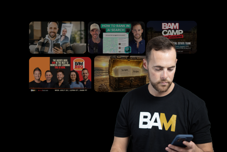 Bored at Your Open House 071926 - BAM - BAM Man in a black BAM shirt looks at his phone, with six BAM campaign thumbnails floating in the background behind him.