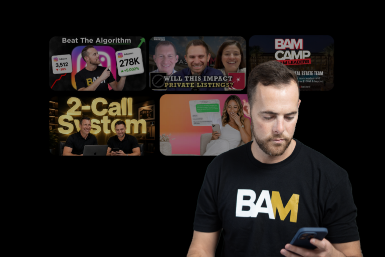 A man in a black BAM shirt looks at his phone with a collage of video thumbnails in the background, suggesting a content creator reviewing social videos.