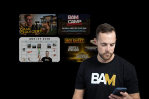 Man in a BAM shirt looking at his phone with a collage of BAM thumbnails in the black background behind him.