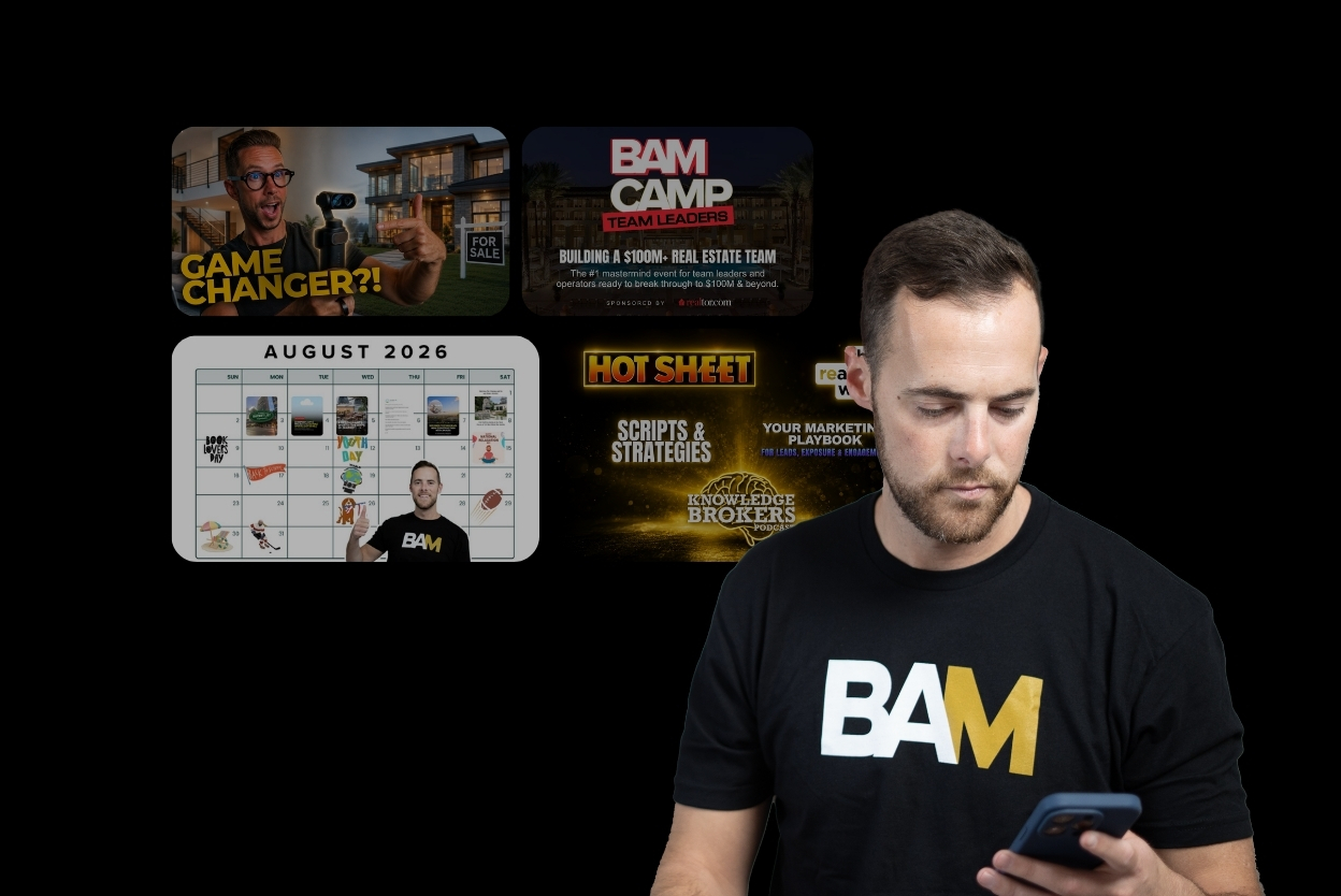Man in a BAM shirt looking at his phone with a collage of BAM thumbnails in the black background behind him.