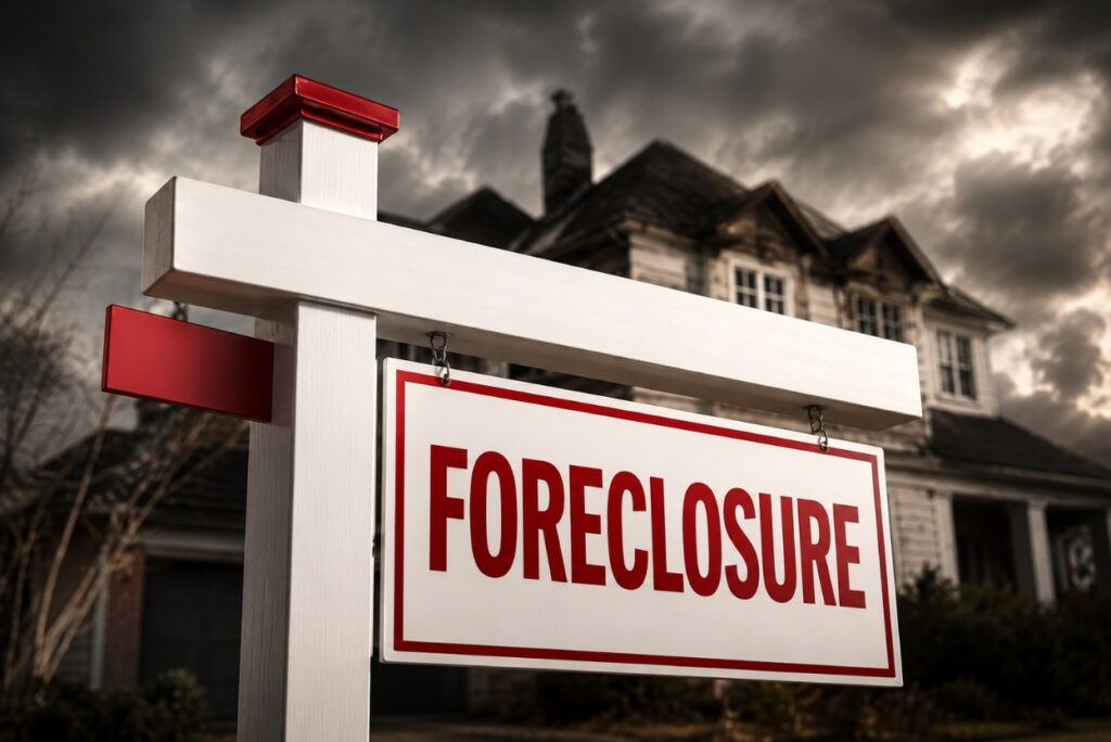 Foreclosure sign in a front yard of a suburban house on a cloudy day.
