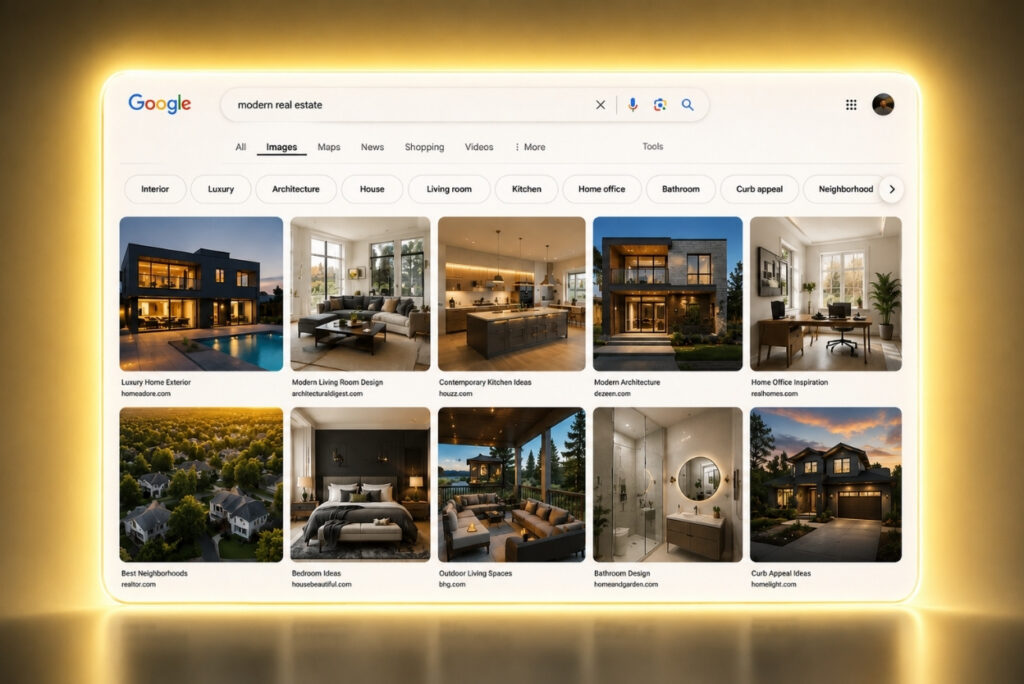 Screen displaying Google Images results for 'modern real estate' with a grid of house and interior photos.