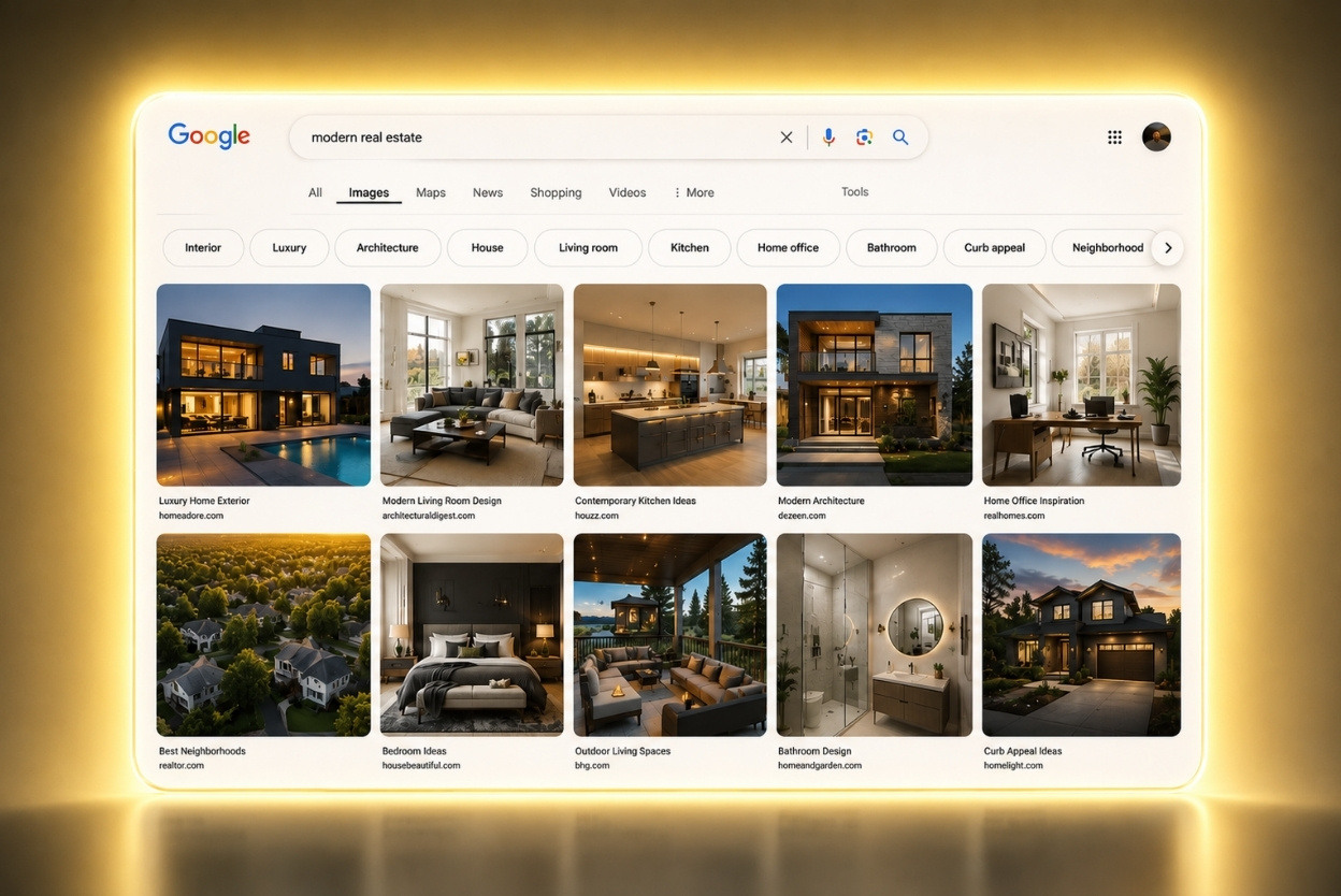 Screen displaying Google Images results for 'modern real estate' with a grid of house and interior photos.