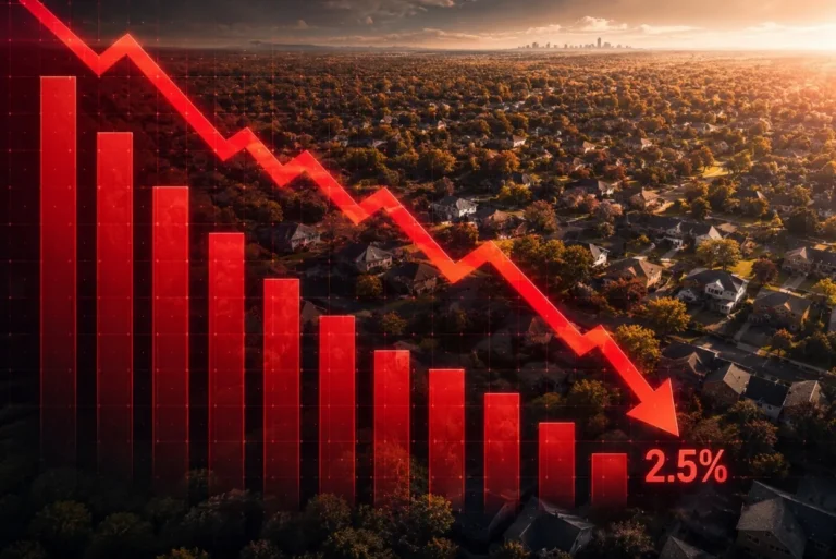 Home_Prices_Just_Posted_Their_Steepest_Annual_Drop_Since_2017 - BAM - BAM Red downward-trending bar chart over a suburban neighborhood, showing a 2.5% decline in housing/market value.