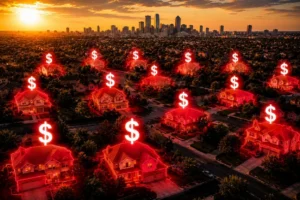 Aerial view of a suburban neighborhood at sunset with glowing red dollar signs above many houses, symbolizing rising housing costs or a hot real estate market by a distant city skyline.