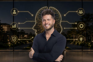Smiling man stands with arms crossed in front of a neon brain diagram and tech icons, suggesting AI and leadership.í