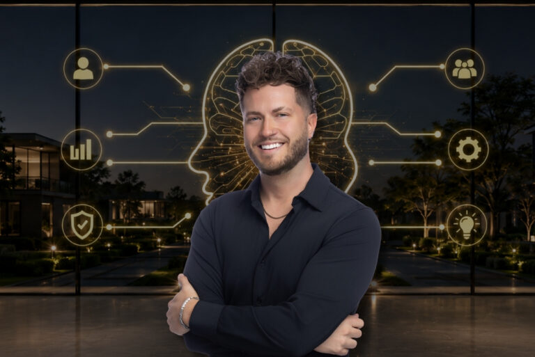 Smiling man stands with arms crossed in front of a neon brain diagram and tech icons, suggesting AI and leadership.í