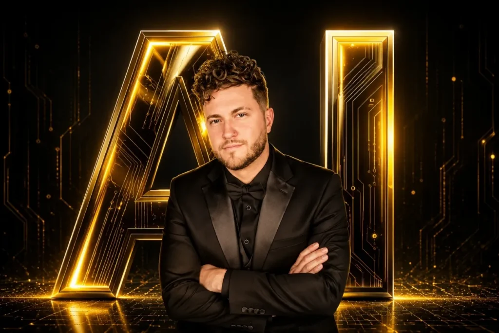 Professional man in a black suit with arms crossed, standing before glowing gold AI letters in a high-tech setting.