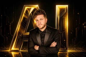 How_to_Set_Up_the_First_AI_Agent_for_Your_Real_Estate_Business_Step-by-Step_ - BAM Professional man in a black suit with arms crossed, standing before glowing gold AI letters in a high-tech setting.