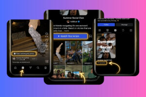 Three smartphone screens display a 'Summer Social Club' series on a dark app interface, with arrows highlighting features in a gradient collage.