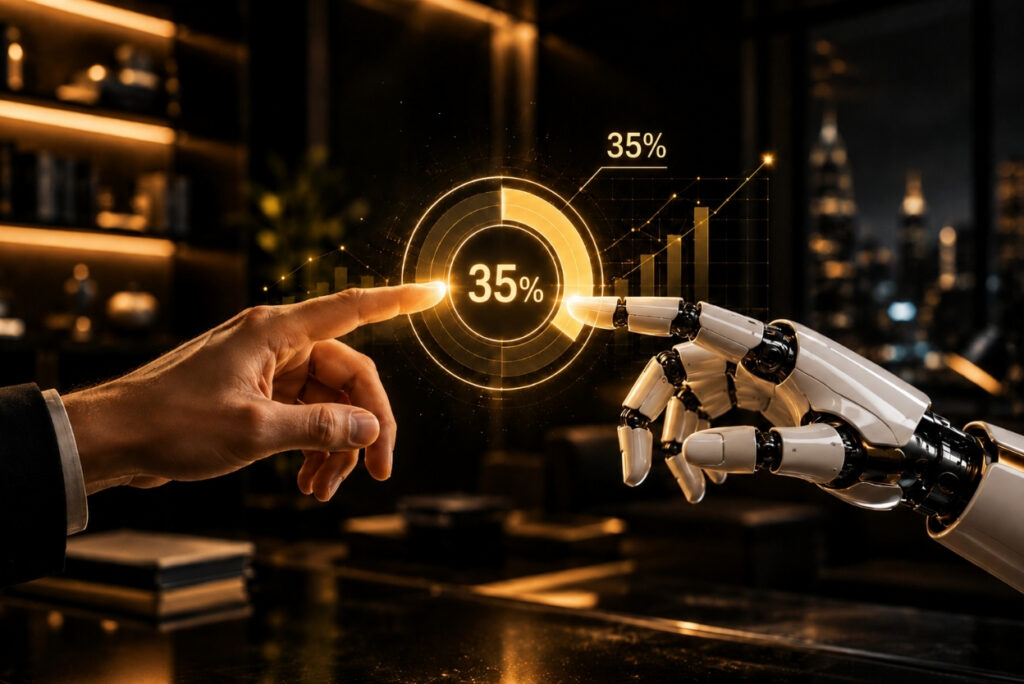 Human finger and robotic hand touch at a glowing 35% progress ring in a dark tech setting.