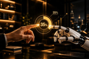Only 35% of Agents Say AI Is Helpful. Here’s Why. - BAM Human finger and robotic hand touch at a glowing 35% progress ring in a dark tech setting.