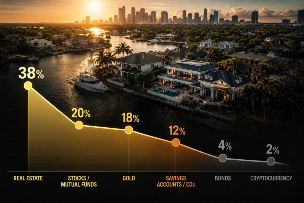 Investment allocation line chart: Real estate 38%, stocks 20%, gold 18%, savings 12%, bonds 4%, cryptocurrency 2% over a sunset waterfront.