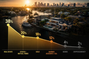 Investment allocation line chart: Real estate 38%, stocks 20%, gold 18%, savings 12%, bonds 4%, cryptocurrency 2% over a sunset waterfront.