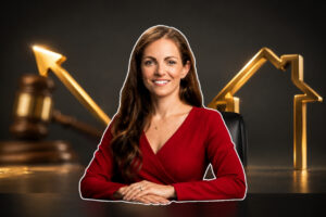 Realtor.com Economist Unpacks the Midyear Forecast, the Toughest 4-Year Market, and the New Housing Law - BAM Professional woman in a red blouse sits at a desk, with a gavel and a house-shaped sculpture in the background.