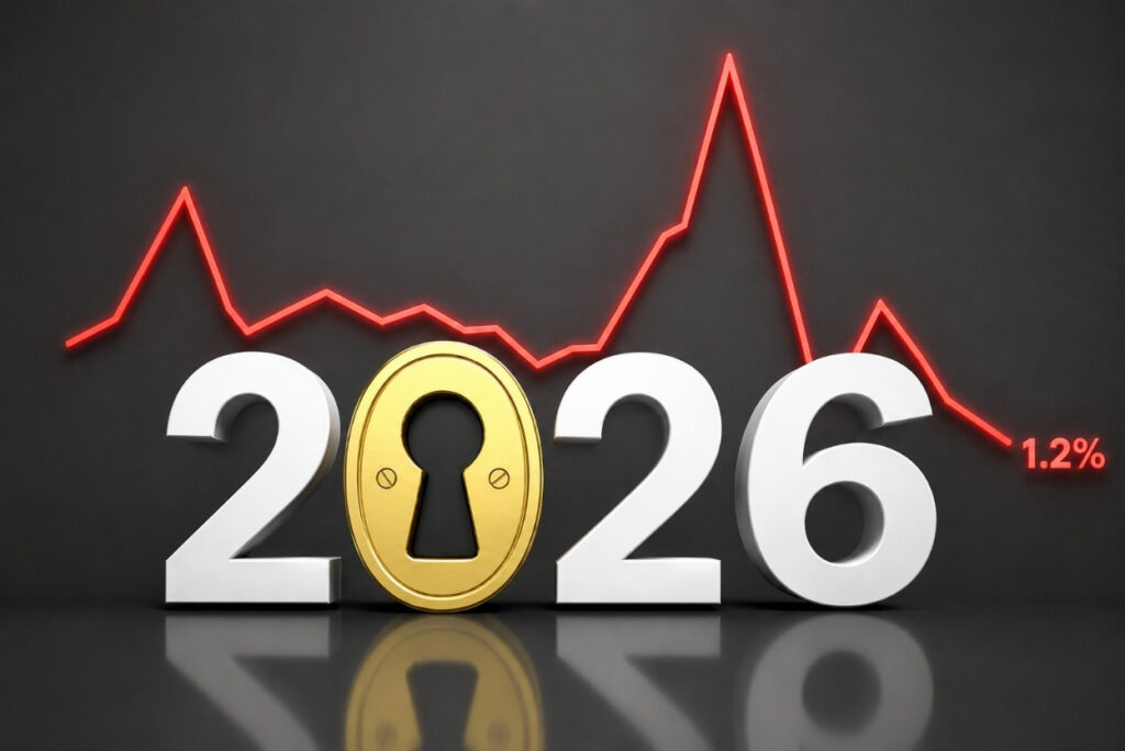 White 2026 with a gold lock as the zero, and a red line graph in the background.