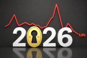 Realtor.com mid-year forecast - BAM White 2026 with a gold lock as the zero, and a red line graph in the background.