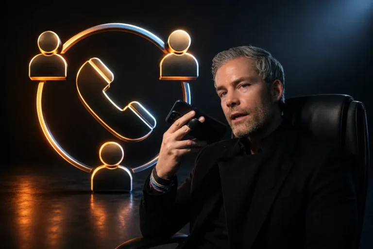 Man with gray hair on a phone call in a dark studio, neon circle of people and a phone behind him.