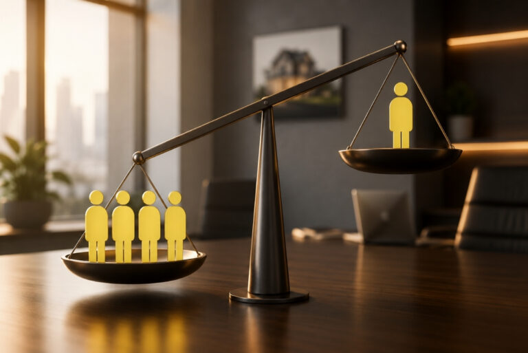 Balance scale with five yellow figures on the left and one on the right, illustrating inequality.