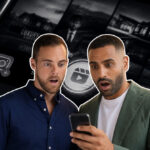 Two men react in surprise while looking at a smartphone together, with social icons visible in the dark background.